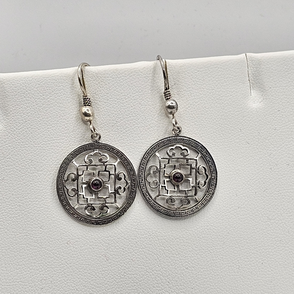 Sterling 925 Garnet Earrings Vintage Lattice-Style